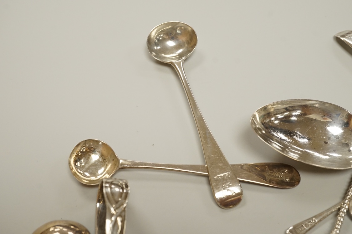A small collection of assorted mainly 19th century silver flatware, including teaspoons, dessert forks, condiment spoons, serving spoon, etc. various dates and makers, 21.6oz.